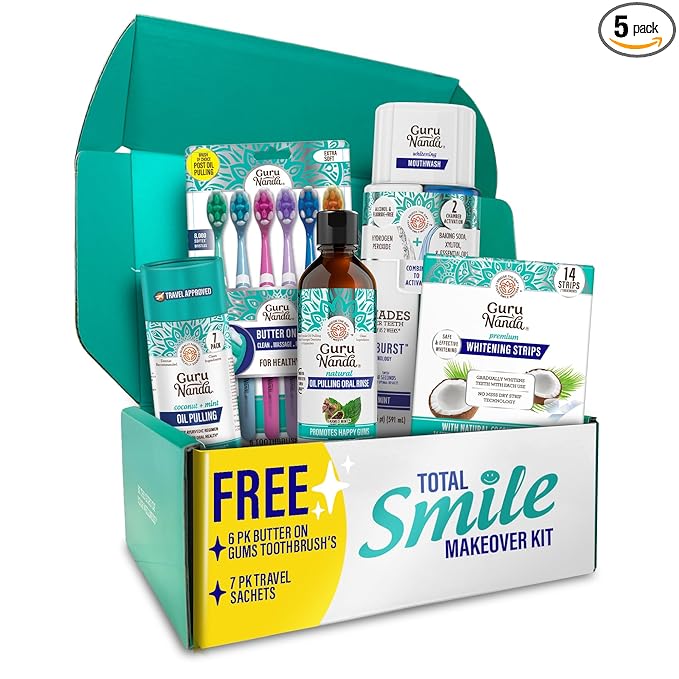 GuruNanda Total Smile Makeover Kit Regular with Cocomint Oil Pulling, Dual Barrel Whitening Mouthwash, Whitening Strips & Butter on Gums Toothbrushes