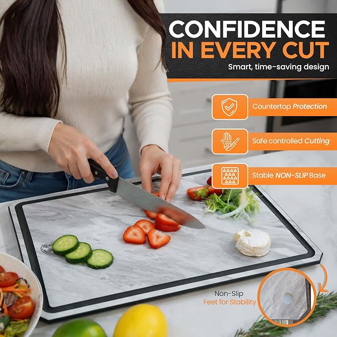 Earth's Dreams Composite Wood Cutting Board Set of 3, Marble Stone Look | Dishwasher Safe,Built In Juice Groove, Non-Toxic, Large, Medium & Small Non-Slip Wood Charcuterie & Chopping Boards
