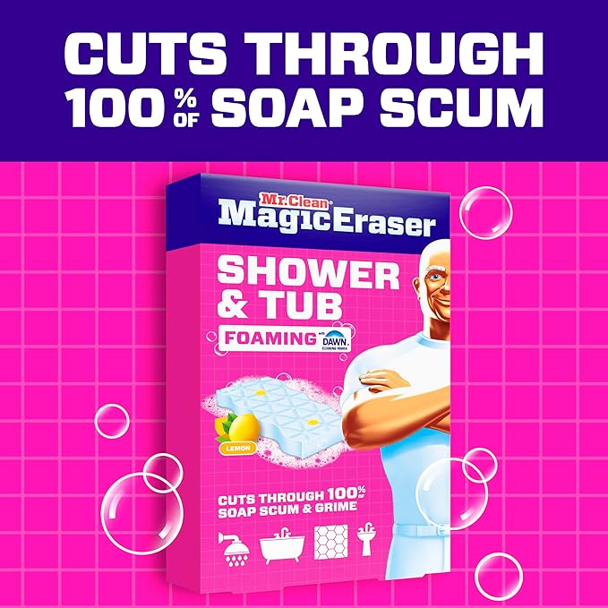 Mr. Clean Magic Eraser Sponge, Bathroom, Shower, Tub Cleaner, Soap Scum Remover, Bathroom Cleaning Supplies, Dawn Cleaning Power with Lemon Scent, Shower & Tub, 6ct (Pack of 4)