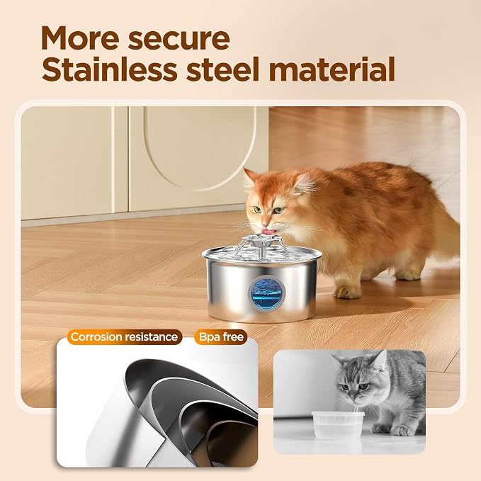 Pet Water Fountain Stainless Steel: Cat Fountain with 8 Filters & 8 Sponges | 88oz/2.6L Pet Fountain for Cats Indoor - Quiet Cats Dispenser - Cats Feeding & Watering Supplies - Gifts for Small Animals