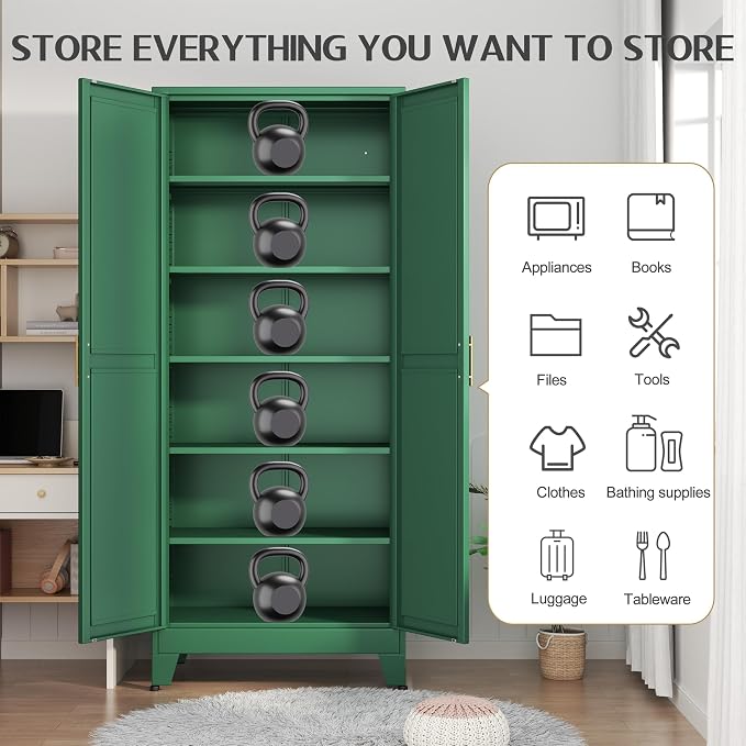 GAIOUS 75.2" Tall Kitchen Food Pantry, Pantry Cabinet with 2 Door and 5 Adjustable Shelves, Green Laundry Room Cabinets, Freestanding Pantry for Kitchen, Study Room, Dining Room and Entryway