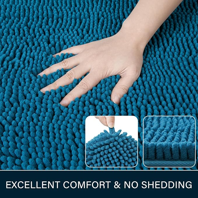LOCHAS Luxury Bathroom Rug Shaggy Bath Mat 24 x 60 Inch, Peacock Blue | Washable Non Slip Bath Rugs for Bathroom Shower, Soft Plush Chenille Absorbent Carpets