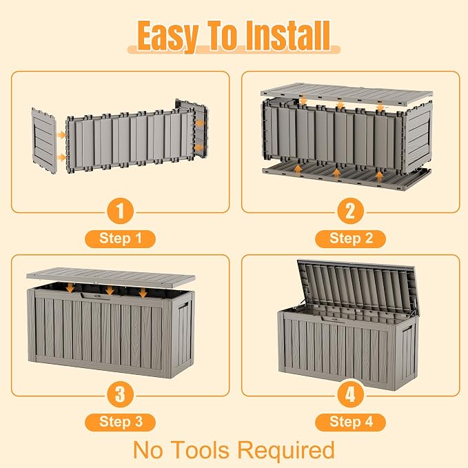 Outdoor Storage Box, 140 Gallon Waterproof Resin Deck Box with Support Rod | UV Resistant Lockable Package Delivery Bin, Shoe, Patio & Garden Tools Storage, Toy Cabinet, Ottoman, Indoor/Outdoor