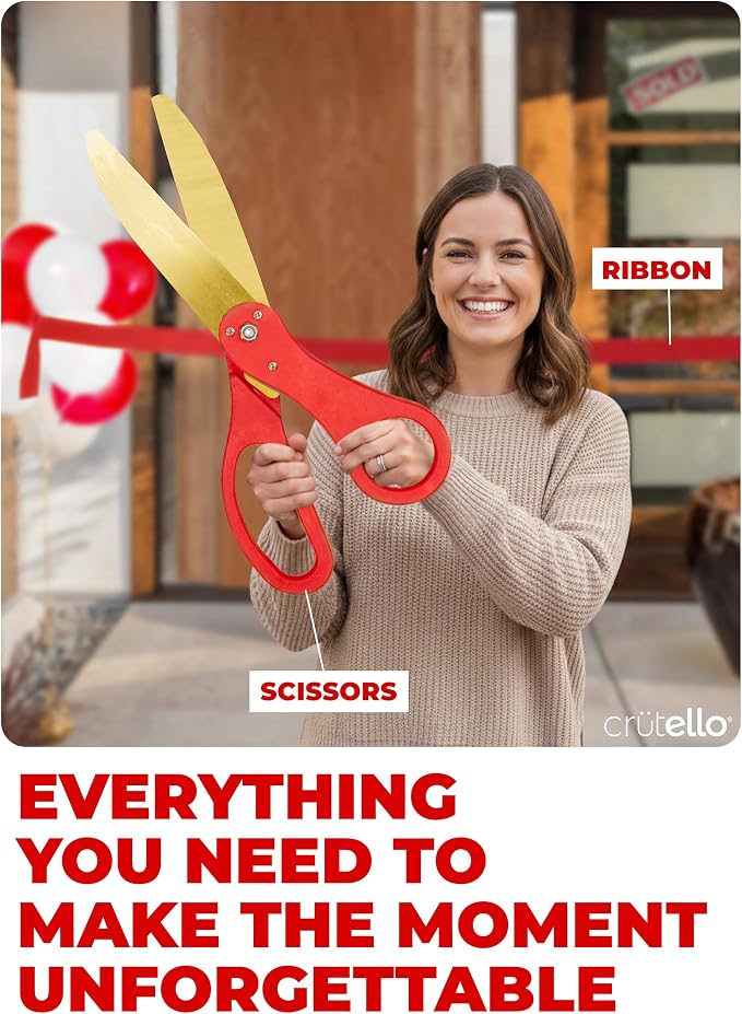 Crutello Grand Opening Ribbon Cutting Kit - Giant Gold Scissors with Red Handle & 30ft Red Ribbon 4"Wide