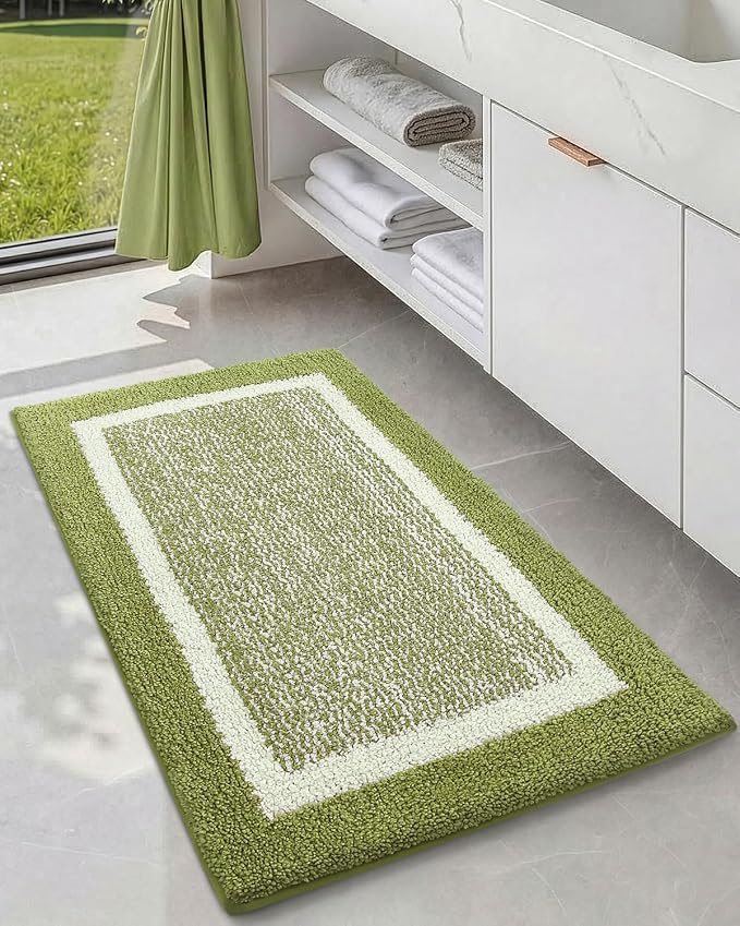 Color&Geometry Simple and Stylish Bathroom Runner Non Slip, 24"x43" Green and Ivory Bath Runner Rug, Absorbent, Soft, Washable, Microfiber Bath Mat Bathroom Carpet