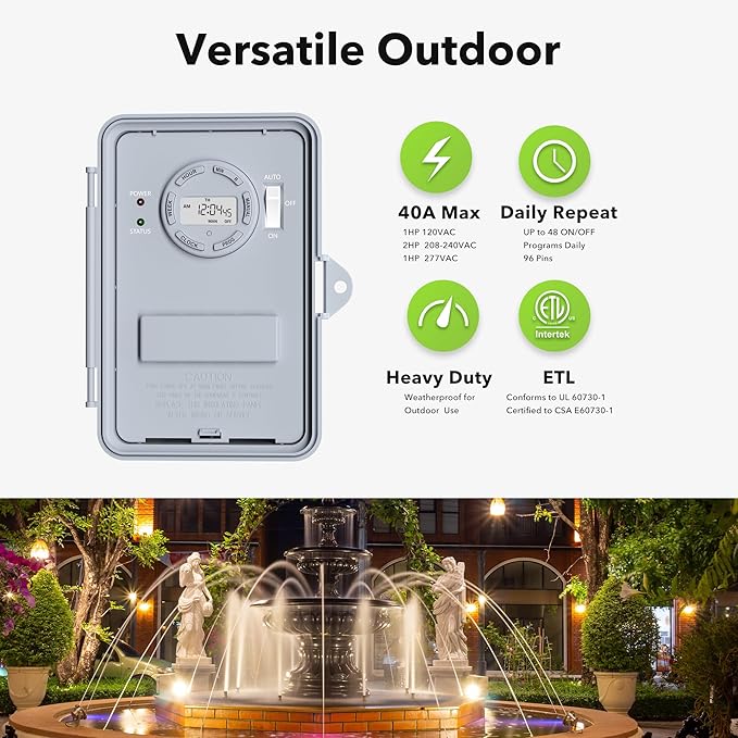 BN-LINK Pool Pump Timer Outdoor Digital Timer Box, Heavy Duty 7 Day Programmable, 2HP 40A Max, 120, 240, 277 VAC, for Pool Pump, Water Heater, Fans, SPA