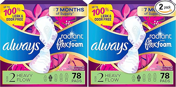Always Radiant Feminine Pads for Women, Flexfoam Pads with Wings, Size 2, Heavy Absorbency, Lightly Scented 78 Count (Pack of 2)