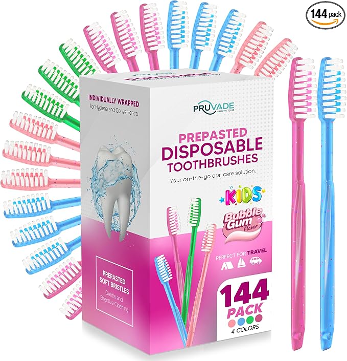 144 Pack Disposable Toothbrushes with Toothpaste - Kids Toothbrush | Prepasted Toothbrushes Individually Wrapped - Single Use Waterless Tooth Brush with Soft Bristles - Bubblegum Flavor/Kids
