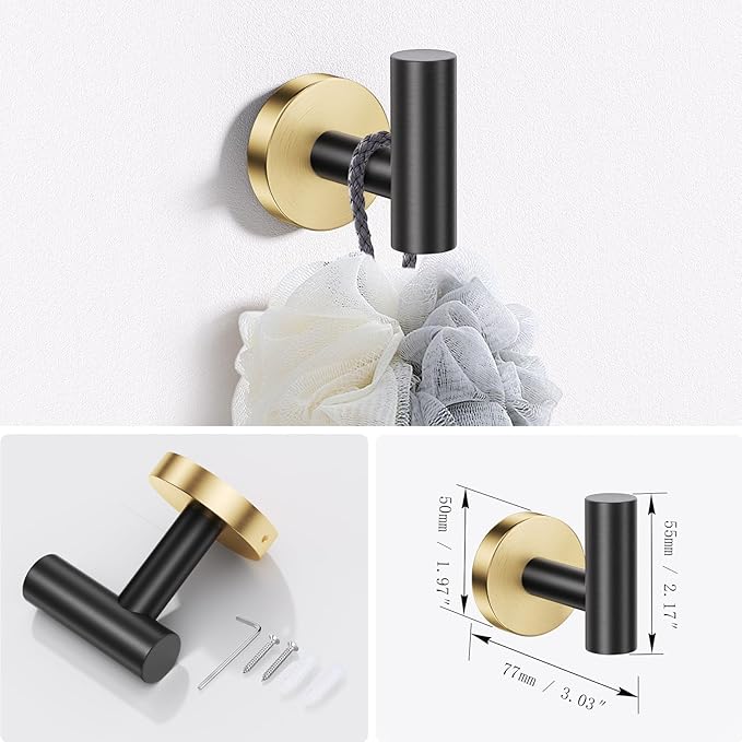 Lairuier Bathroom Hardware Set, 4-Piece Towel Holder Set Include Toilet Paper Holder,Towel Ring and 2 Towel Hooks Stainless Steel Wall Mounted Bathroom Hardware Accessories Set (Black and Gold)