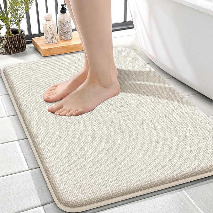 OLANLY Memory Foam Small Bathroom Rugs 24x16, Absorbent Bath Mat, Ivory | Soft Quick Dry Bath Mat Rugs, Non-Slip, Machine Washable Mat for Bathroom Floor, Tub and Shower, Home Decor Accessories