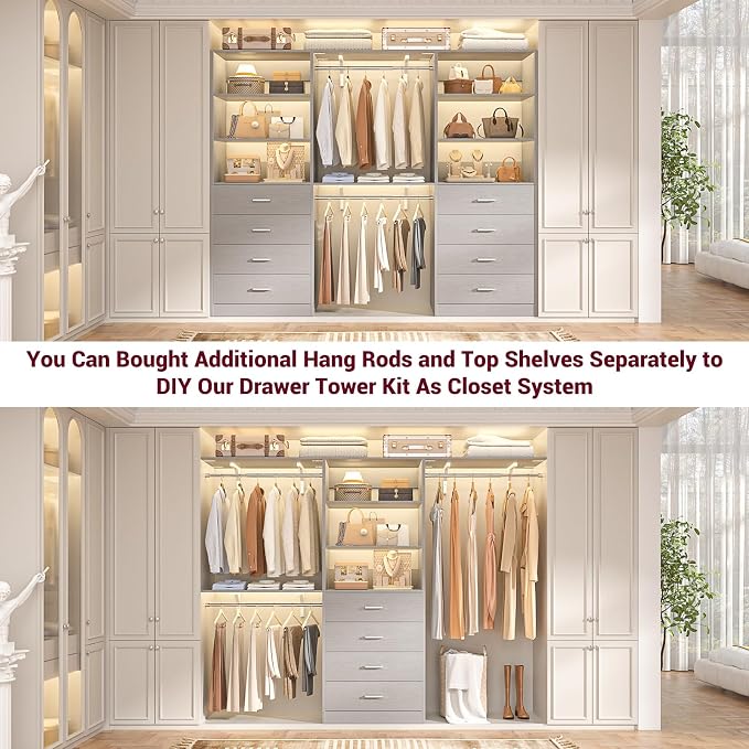 Aheaplus Closet Drawers System, 21.3" Wood Closet Organizer System with 4 Drawers, Modular Walk-in Closets System Storage Unit, Small Closets Wardrobe Rack, Tall Storage Cabinet Unit, Grey1