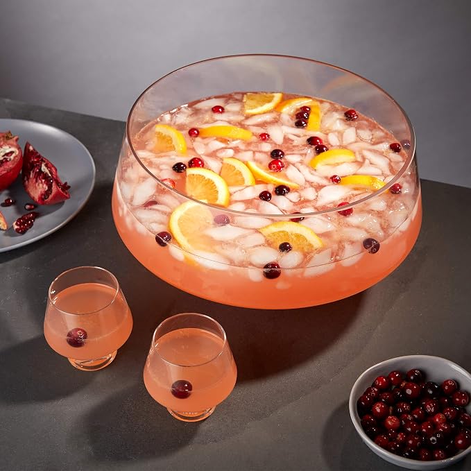 Viski Footed Glass Punch Bowl, Heavy Base Large Punch Bowl with Angled Design, Party Serveware for Cocktails & Functional Centerpiece, Clear, 2.5gal
