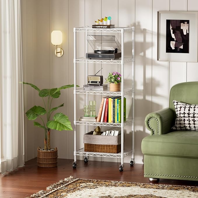 SINGAYE 5 Shelves Storage Shelf Wire Shelving Unit Metal Adjustable Wheels | Small Shelf Storage with Wheels Organizers Closet Unit for Bathroom Laundry Room Kitchen Pantry11.5D x 17.5W x 57H White