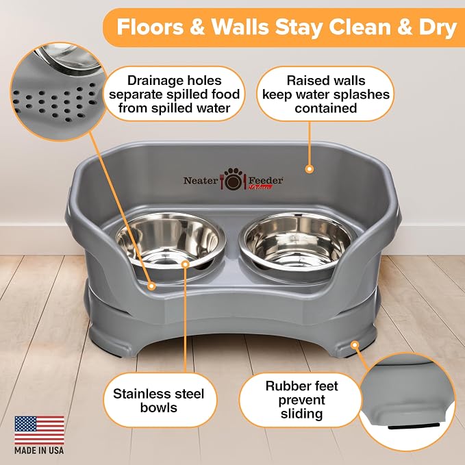 Neater Pet Brands Neater Feeder Deluxe Mess Proof Dog Bowls Elevated for Small Dogs Under 19 lbs, Made in USA, No Spill Raised Dog Food Bowl Stand Feeding Station, Food and Water Bowl Set, Gunmetal