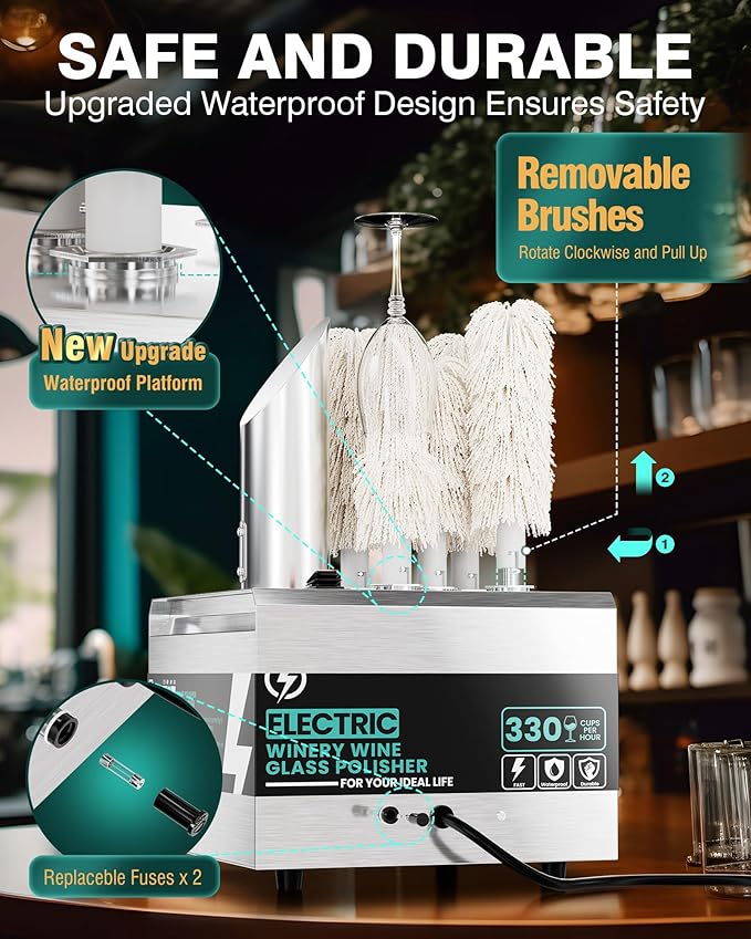 WantJoin Commercial Wine Glass Polisher Machine, 330 Cups/Hour 1300W Automatic Dryer with 5 Brushes, 304 Stainless Steel & Soft Cotton Brushes for Bar Restaurant Kitchen