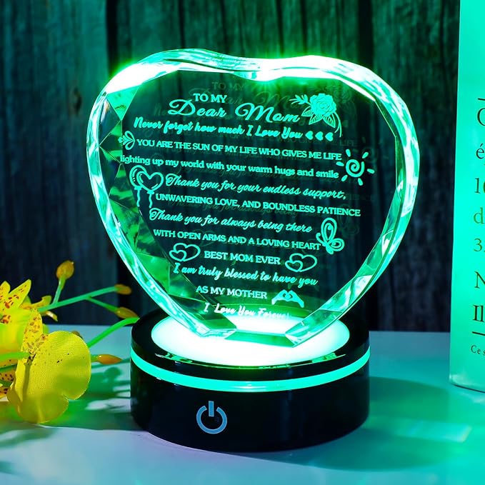 Arikyrist Gifts for Mom with Colorful LED Base Unique Moms Birthday Gifts from Daughter Son Crystal Heart Keepsakes to My Mom Gift for Mother's Day Thanksgiving Best Mother Ever Presents