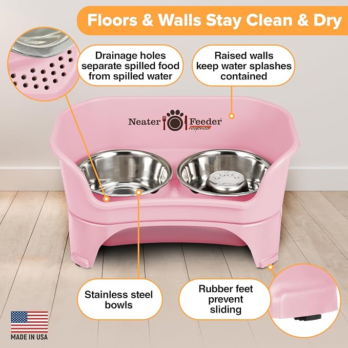 Neater Feeder - Express Model w/Slow Feed Bowl - Mess-Proof Dog Bowls (M/L, Pink) Made in USA – Elevated, No Spill, Non-Tip, Non-Slip, Raised Stainless Steel Food/Water Pet Bowls Aid Digestion