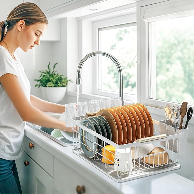 Dish Drying Rack White with Diatomaceous Earth No Installation Required | Space Saving with Cutlery Cups Holder