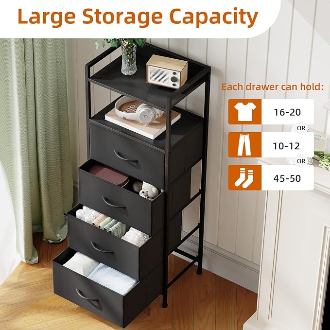 Somdot Nightstand with 4 Drawers, Vertical Storage Tower Fabric Dresser for Bedroom, Night Stand Bedside Table Furniture, Sturdy Steel Frame, Wooden Top & Easy Pull Fabric Bins, Black