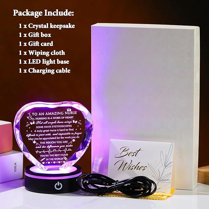 YWHL Nurse Gifts for Women with Light Base, Nurses Week Appreciation Gifts, Crystal Heart Present for Practitioner Female Nurse, Nursing School Students on Nurses Day Christmas Graduation Retirement