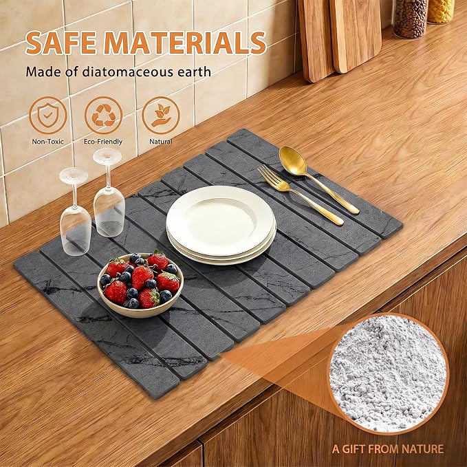 Stone Drying Mat for Kitchen Counter (24”x16”) with Dish Rack | Quick Dry Diatomaceous Earth Dish Mat– Foldable Water Absorbing Drying Organizer Pad for Countertop Plate Bottles Cups(Dark)
