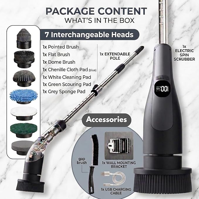 LIVINGPRO Electric Spin Scrubber with LCD Display, Cordless Cleaning Scrubber for Home, Upgraded 70W Dual Speed Motor, IPX7 Waterproof Power Scrubber, 7 Brush Heads, Extendable Long Handle
