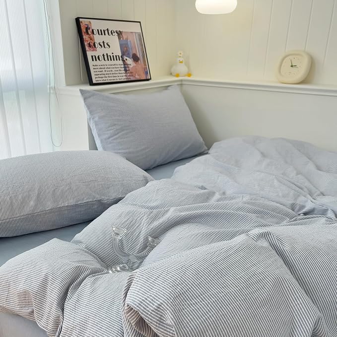 mixinni Striped Duvet Cover Set- 100% Washed Cotton Blue Comforter Cover with White Pinstripe Stripes Pattern Printed Bedding Set with Zipper Closure, 3 Pieces,Full Size