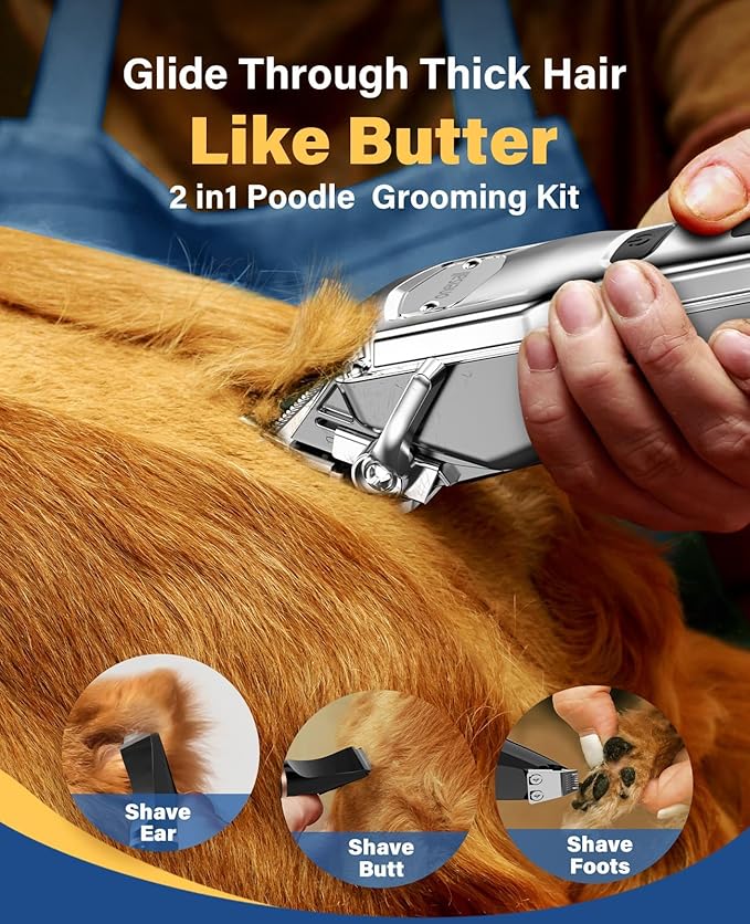 oneisall Dog Grooming Kit for Thick/Matted Hair with Stainless Steel Blade | Powerful Motor, Dog Clippers+Paw Trimmers, IPX7 Waterproof, Low Noise, Cordless & Long Battery Life