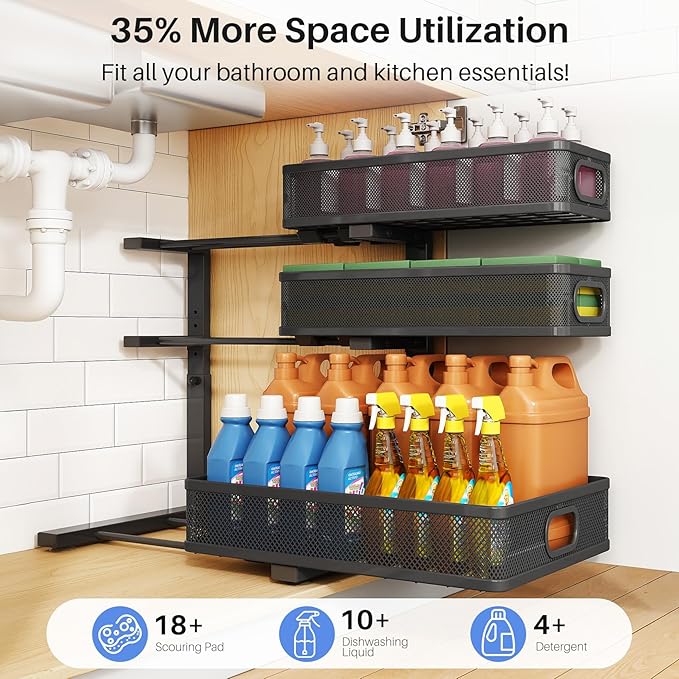 Under Sink Organizer, 2-Pack 3-Tier Thickened Metal Pull out Cabinet Organizer Shelf, Height Adjustable Slide out Storage Drawer Rack for Kitchen Bathroom Pantry Laundry Home Office Organization