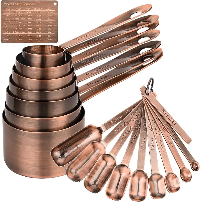 Copper Measuring Cups and Spoons Set of 18, 7 Measuring Cups, 9 Measuring Spoons, Stainless Steel Measuring Spoons and Cups for Dry & Wet Ingredients During Kitchen & Baking