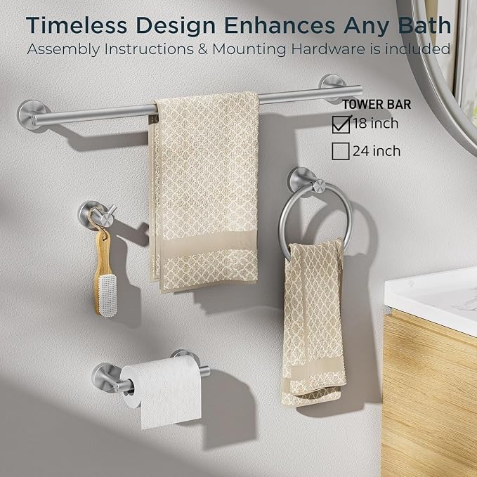 FORIOUS Bathroom Hardware Accessories Set, SUS304 Stainless Steel Towel Bar Set, Modern Towel Racks Holder for Bathroom, Toilet Paper Holder Wall Mounted 4 Pieces(18" Bar, Brushed Nickel)