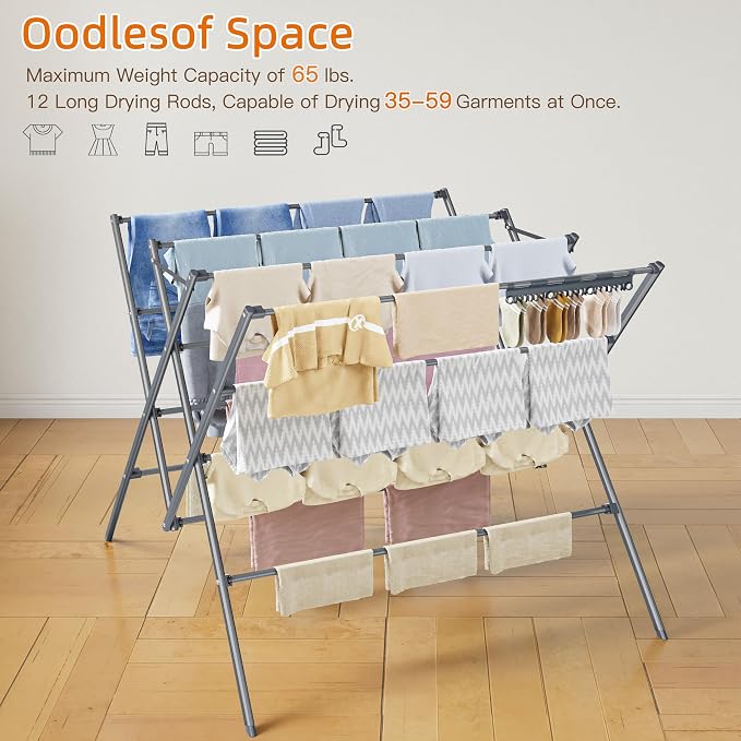 Drying Rack Clothing,35.43in Long Drying Poles Large Clothes Drying Rack | Foldable Portable Laundry Drying Rack with Sock Clips for Air Drying Clothing,Towels,Delicate Eac,Indoor Outdoor Use.Silver