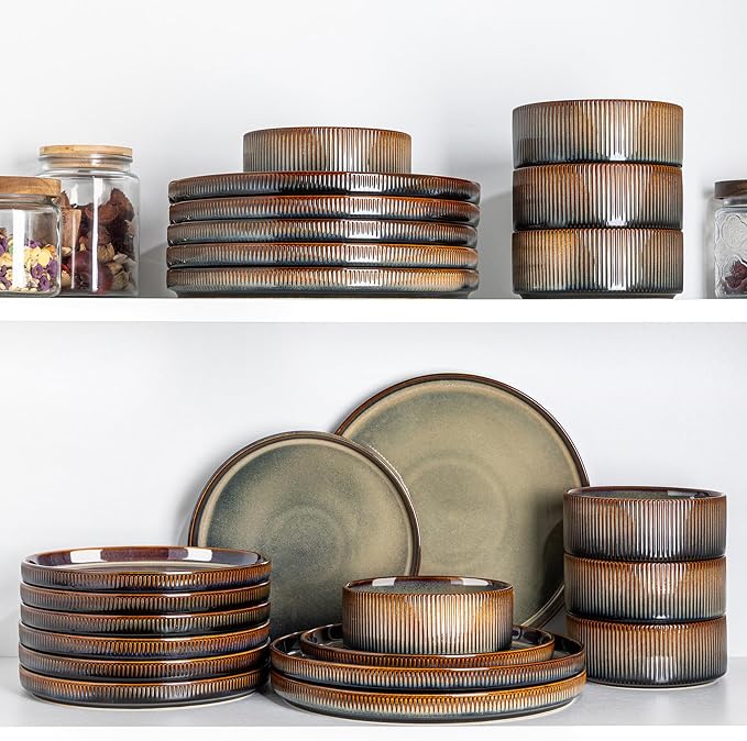 TheTerra Ceramic Dinnerware Sets for 4, 12 Pieces Porcelain Lightweight Plates and Bowls Sets, Scratch Resistant Dish Set, Oven & Microwave & Dishwasher Safe, Coca Mocha
