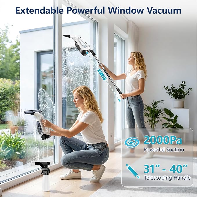 Window Vacuum Squeegee with Extendable Pole 31-40", 2000Pa Electric Window Cleaning Tool with 2200mAh and 150ml Dirty Water Tank, Long Handle Squeegee for Shower Glass, Window Cleaning