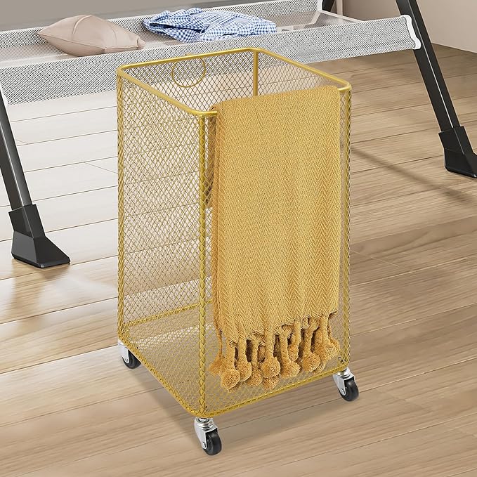 Laundry Basket, Large Rolling Fashion Laundry Basket, Dirty Clothes Hamper Cart with Wheels Metal Dorm Room Essentials for Laundry Room, Balcony, Bathroom, Bedroom, Kitchen (Gold, Square)