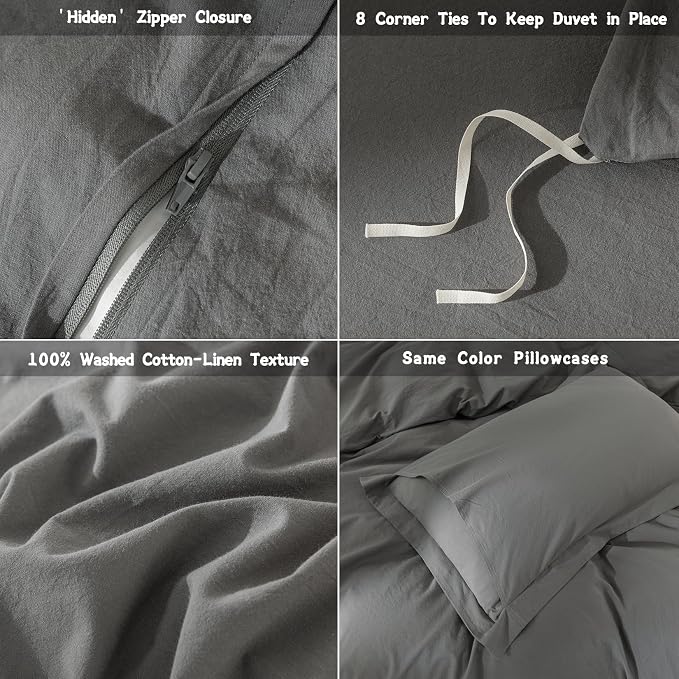 Dark Grey Duvet Cover California King Size Bedding Set Cover 100% Washed Cotton Duvet Cover with Zipper Closure and 2 Pillowcases, 104inch x 98inch