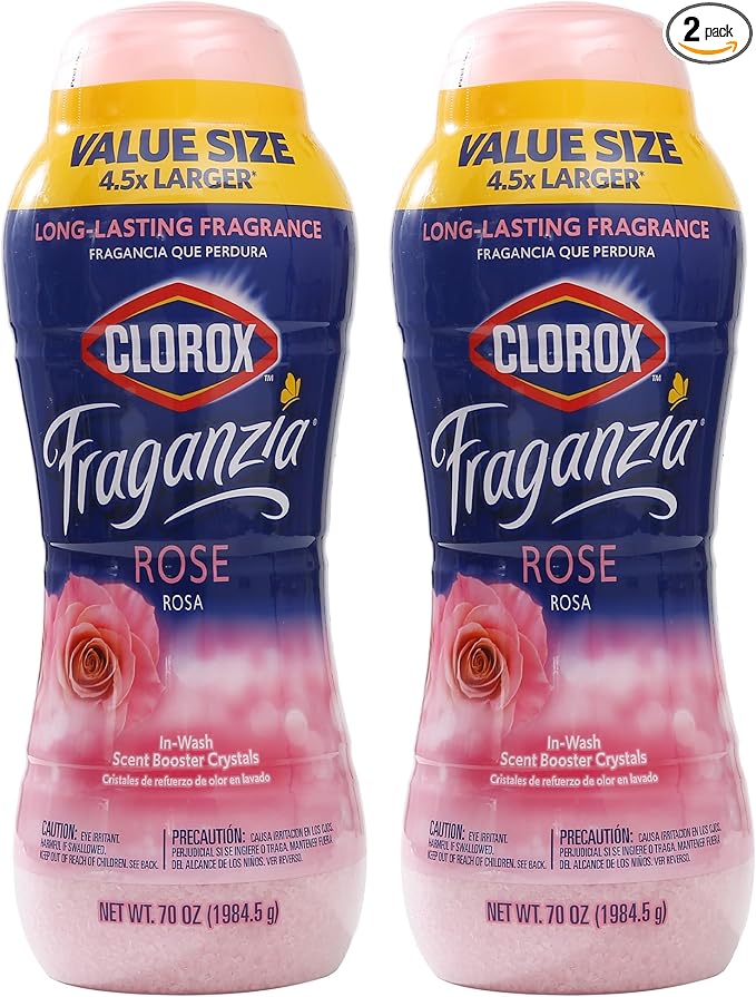 Clorox Fraganzia Laundry Scent Booster Crystals, In-Wash Fragrance Beads, Fresh-Smelling Clothes Linens, Safe All Fabrics Colors, Easy-Pour Bottle, Rose Scent, 70 Oz, 2 Pack