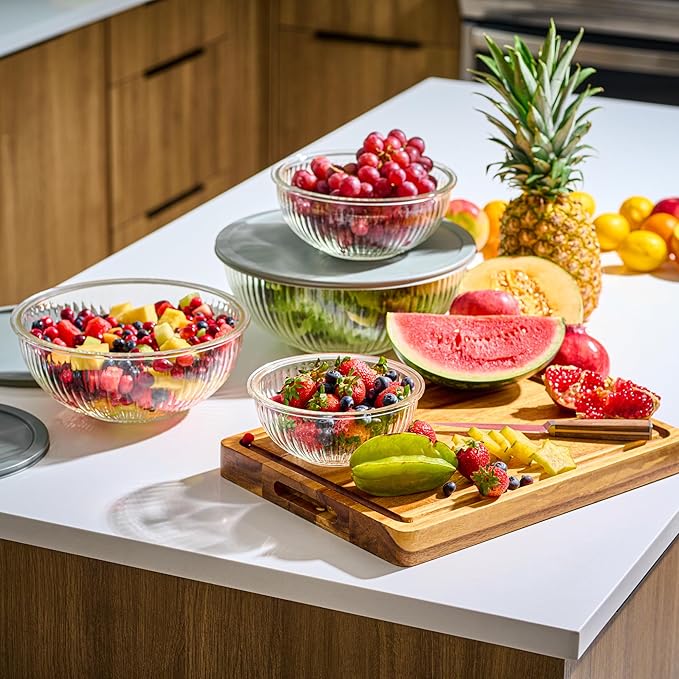 8pc Ribbed Glass Mixing Bowls with Leakproof Airtight Lids - BPA-Free Meal Prep Stackable Space Saving Nesting, Kitchen Baking Food Storage & Serving Containers - Microwave, Freezer, Dishwasher Safe.