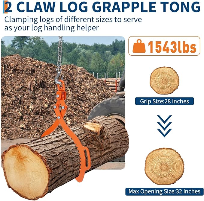 Garvee Log Lifting Tongs 28 in,2 Serrated Claw Hook Log Tongs,1543Lbs Capacity Heavy Duty Timber Claw Hook, Logging Tools for Tractors, Trucks, Forklifts, ATV Logging, Lumber Handling
