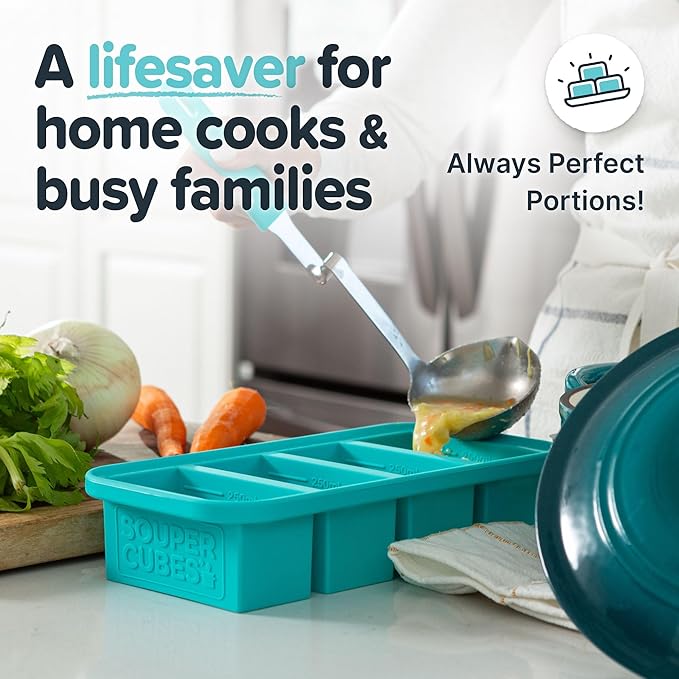 Souper Cubes 1 Cup Silicone Freezer Molds - Soup Cubes Perfect for Freezing Broth, Rice, Leftovers and More - Silicone Freezer Trays with Lids for Meal Prep - Aqua - 4-Pack