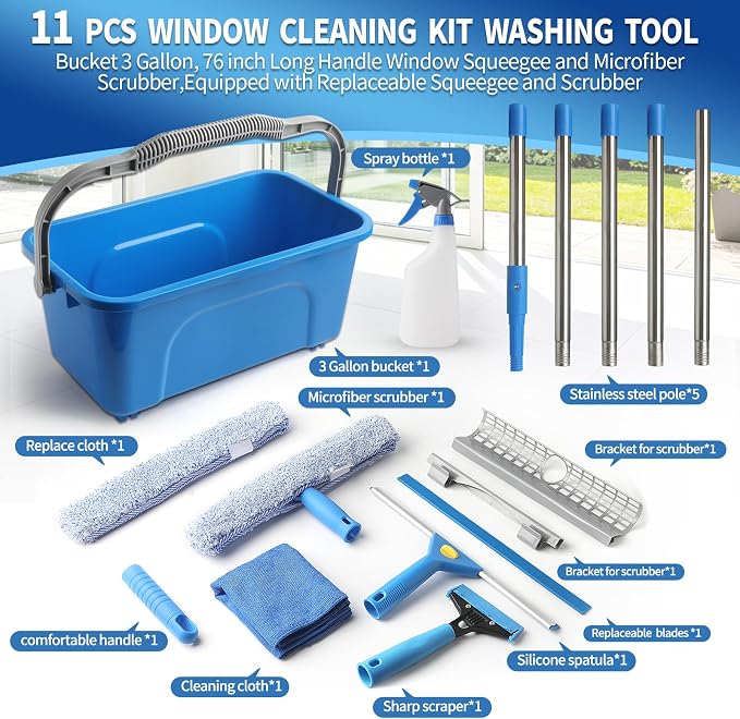 Creatyi 11PCS Window Cleaning Kit Washing Tool, Bucket 3 Gallon, 76 inch Long Handle Window Squeegee and Microfiber Scrubber,Equipped with Replaceable Squeegee and Scrubber for Home Business Use
