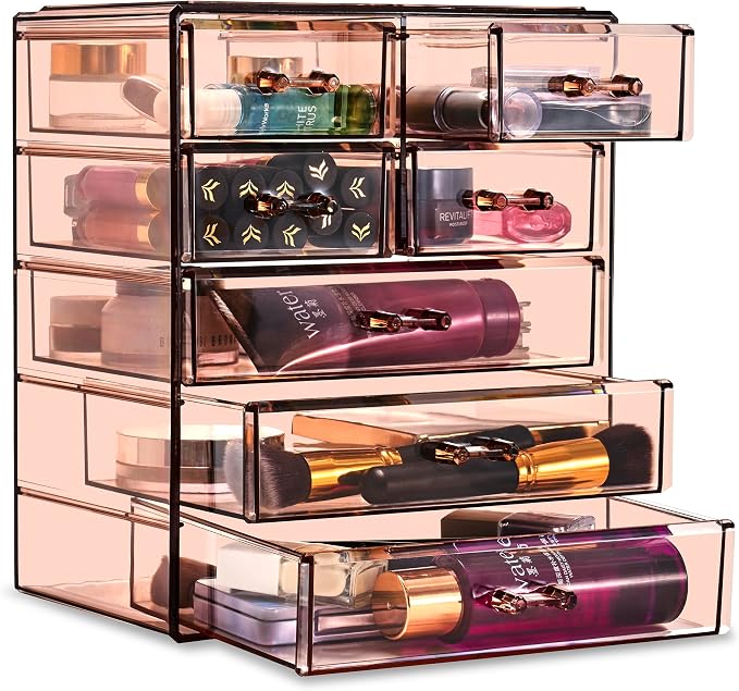 Sorbus Acrylic Makeup Organizer Set, 6-Drawer Vanity & Countertop Cosmetic Storage with Small & Wide Drawers, Bronze Glow Makeup Storage for Brushes, Lipsticks, Jewelry, Holiday Gift for Women & Teens