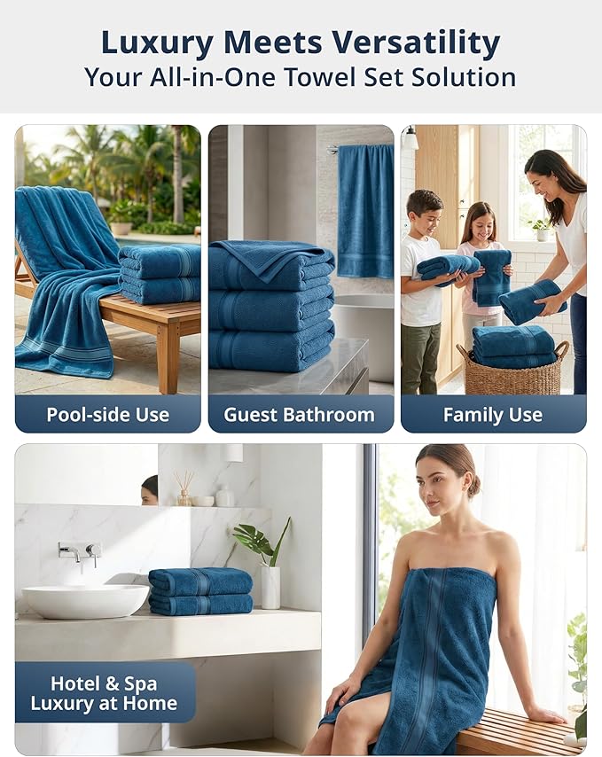 LANE LINEN 100% Cotton 4 Pack Bath Towels Set (28"x54") - Zero Twist, Large Cotton Towels for Bathroom - Quick Dry, Soft & Absorbent Bath Towel Set - Pre Shrunk, Wide Variety of Colors - Sea Port