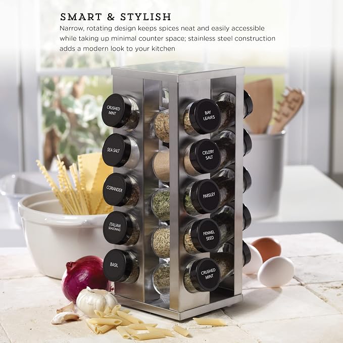 Kamenstein 20 Jar Heritage Revolving Countertop Spice Rack Organizer with Spices Included, FREE Spice Refills for 5 years, Brushed Stainless Steel with Black Caps (Pack of 3)