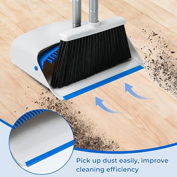 Broom and Dustpan Set with Long Handle 52", Standing Broom and Dust Pan Set for Home Kitchen Room Office Lobby Blue