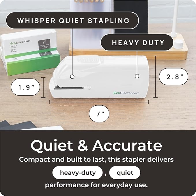 EcoElectronix Portable Automatic Electric Stapler Pro - 30 Sheet Capacity, Quiet Operation, Jam-Free and Easy Reload - AC Adapter/Battery Powered, (White)