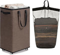 Goodpick Laundry Basket with Wheels, 75L Collapsible Laundry Baskets with Removable Wash Bag, Clothes Laundry Hamper on Wheels, Light Brown