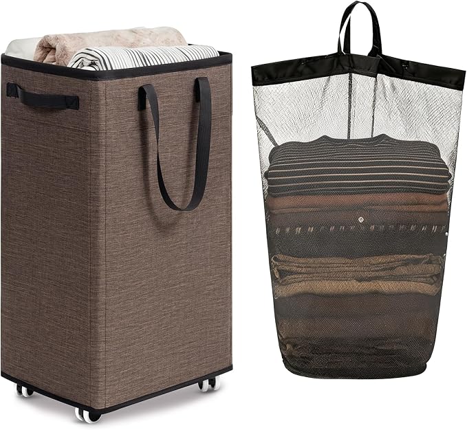 Goodpick Laundry Basket with Wheels, 75L Collapsible Laundry Baskets with Removable Wash Bag, Clothes Laundry Hamper on Wheels, Light Brown