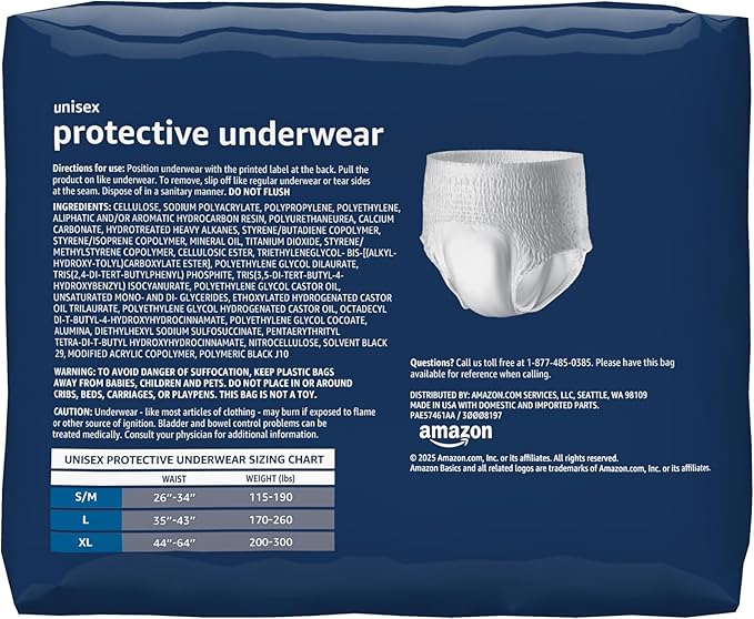 Amazon Basics Unisex Adult Incontinence Protective Underwear, Overnight Absorbency, Moisture-Wicking, Soft, Latex Free, Large, 14 Count (Pack of 2)