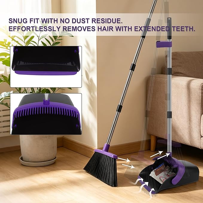 Broom and Dustpan Set 2 Pack, Upright Stand Up Broom and Dustpan Combo with Long Handles, Self-Cleaning Dustpan Teeth, Indoor Outdoor Sweeping Set for Home, Kitchen, Garage Pet Areas Purple